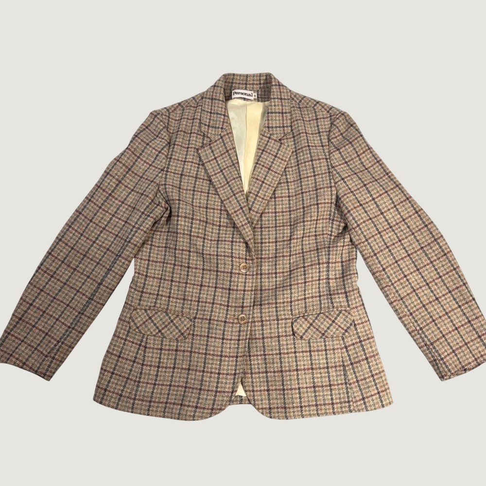 Vintage Plaid Wool Blend Tweed Blazer Preppy Dark Academia Personal Brown Tan 16
